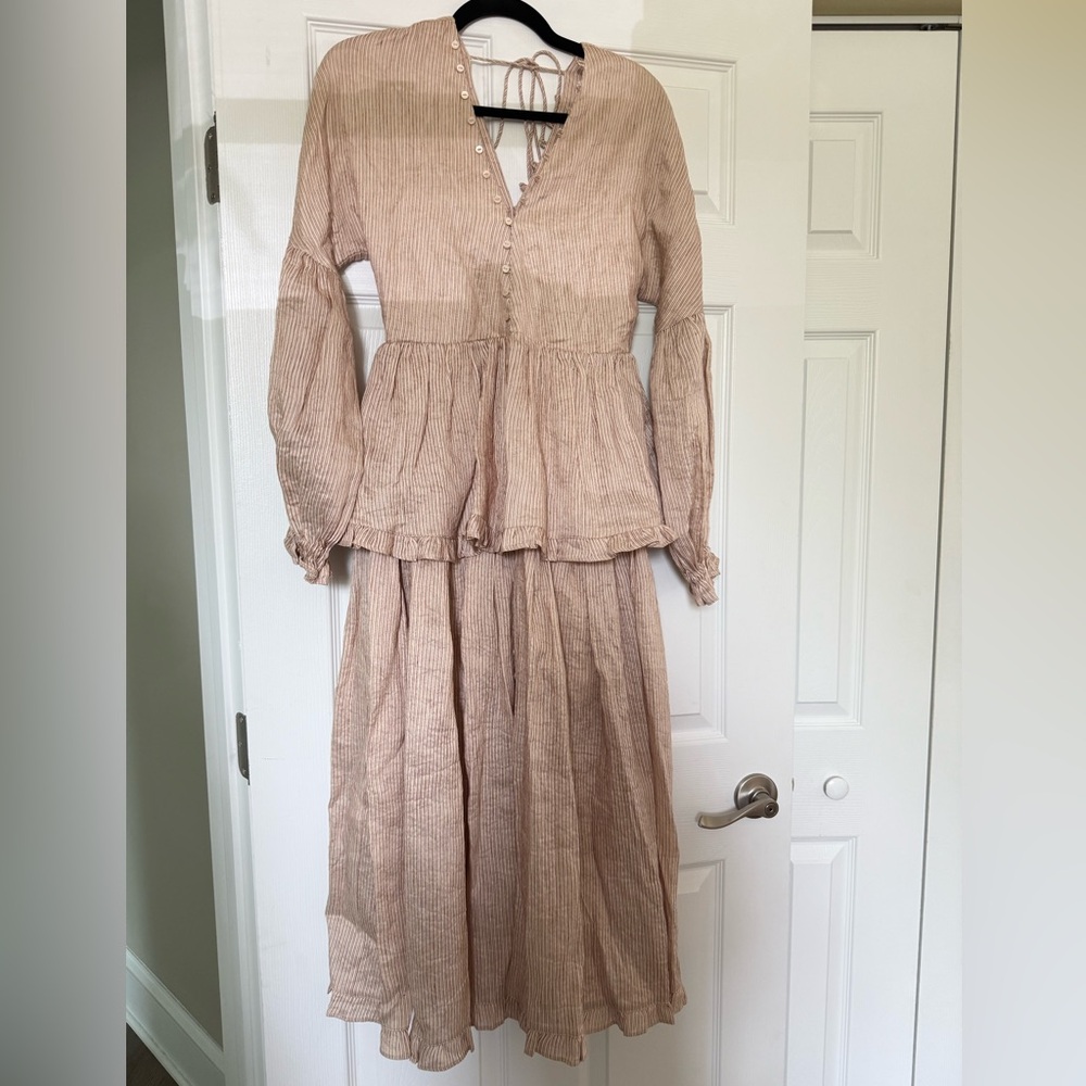 Joslin Linen-Silk Midi Dress – Red/Ivory Pinstripe, US 4 / Small